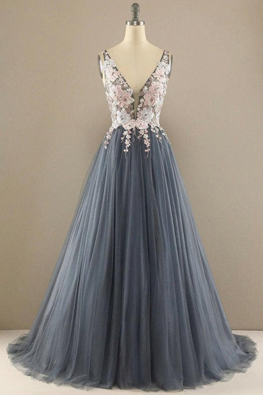 A line V Neck Tulle Lace Prom Dress