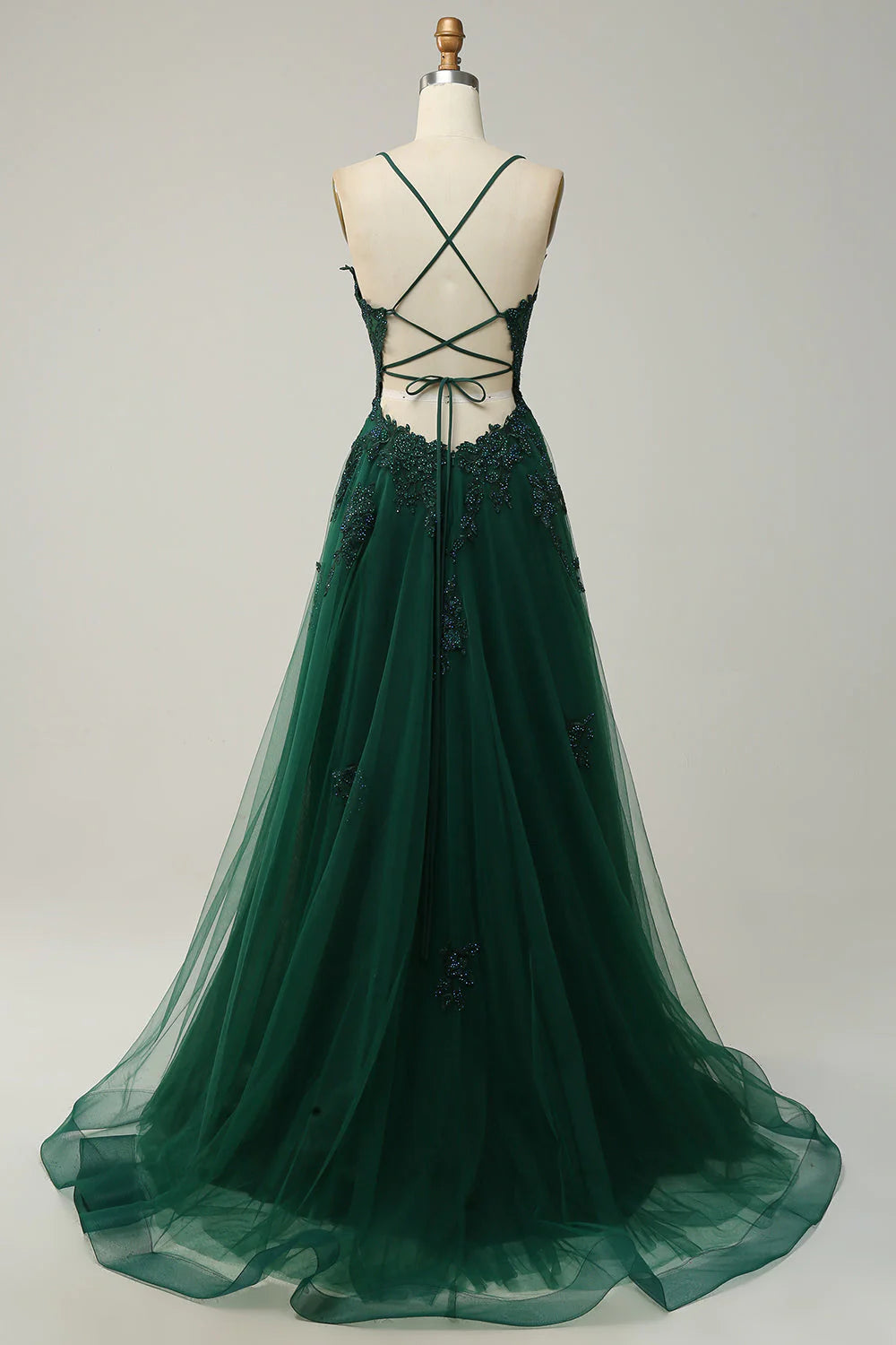 Vestido de fiesta largo verde con tirantes finos y espalda cruzada