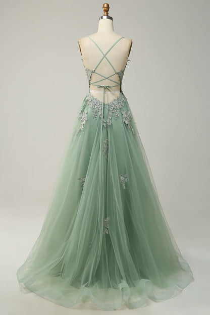 A Line Spaghetti Straps Green Long Prom Dress with Criss Cross Back