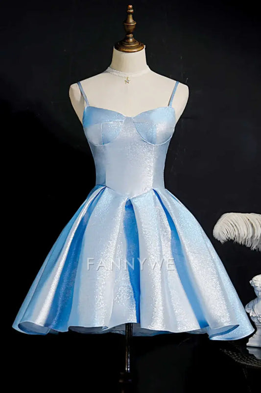 FannyWe Simple Glitter Blue Straps Lace-Up Short Party Dress formal wear dresses