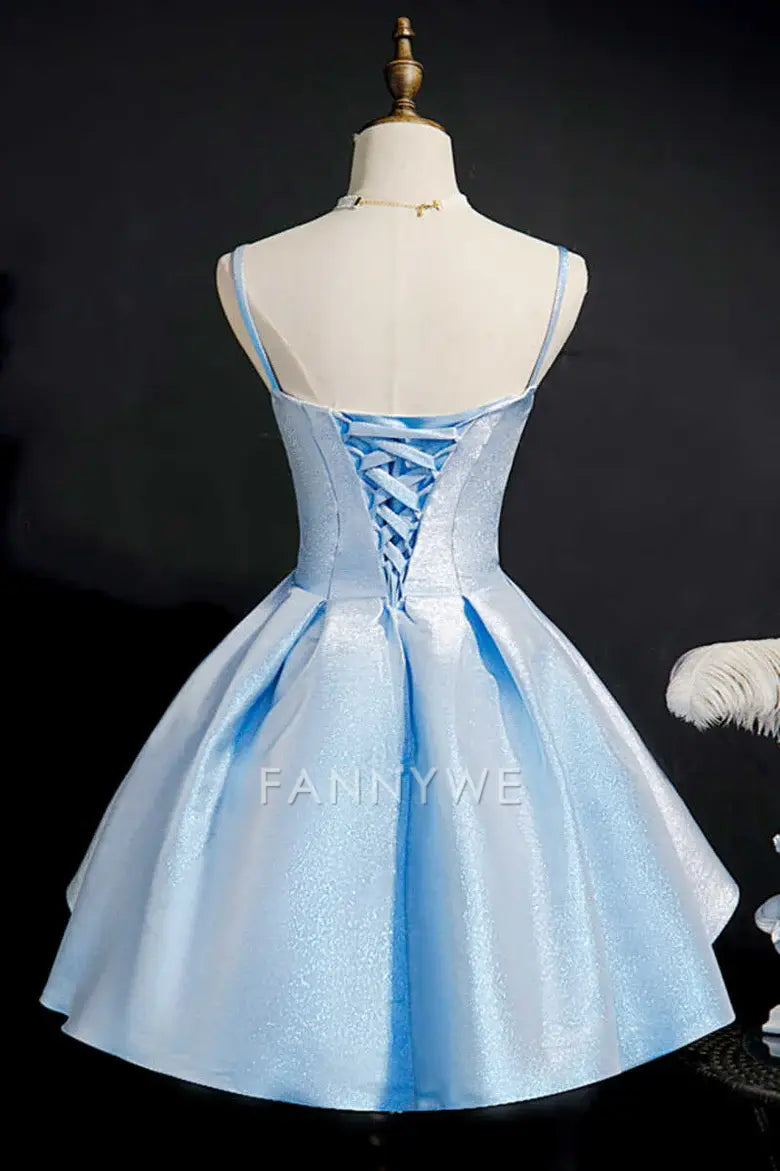 FannyWe Simple Glitter Blue Straps Lace-Up Short Party Dress formal wear dresses