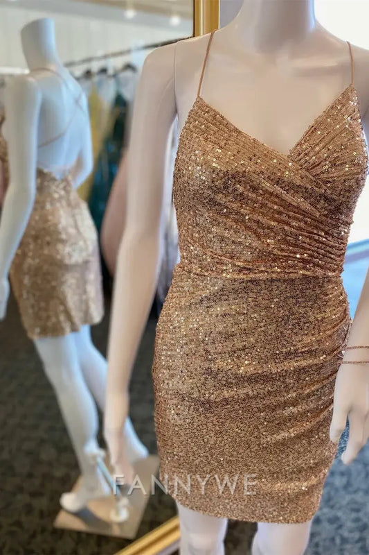 FannyWe Simple Gold Sequin Lace-Up Short Cocktail Gown formal wear dresses