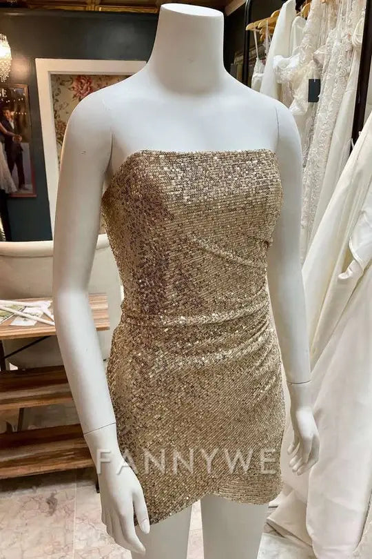 FannyWe Simple Gold Sequin Strapless Short Homecoming Dress formal wear dresses