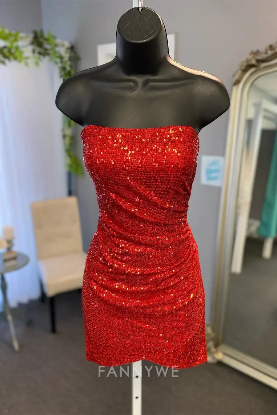 FannyWe Simple Red Sequin Strapless Short Homecoming Dress formal wear dresses