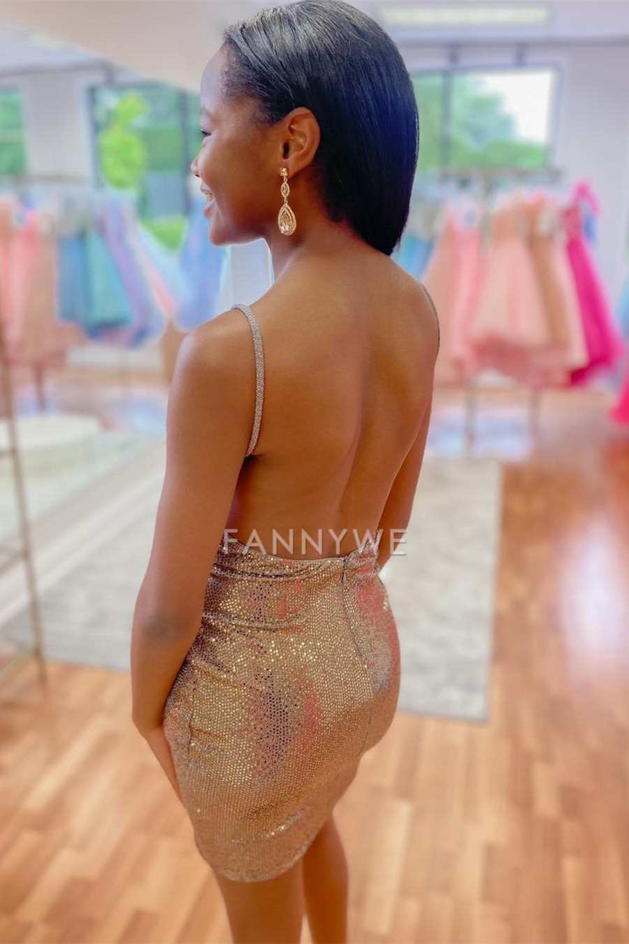 FannyWe Simple Gold Sequin V-Neck Open Back Tight Homecoming Dress formal wear dresses