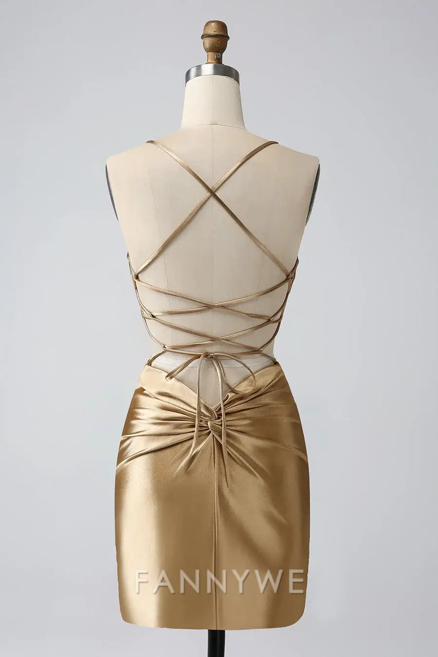 FannyWe Simple Gold V-Neck Twist-Back Short Homecoming Dress formal wear dresses