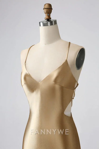 FannyWe Simple Gold V-Neck Twist-Back Short Homecoming Dress formal wear dresses