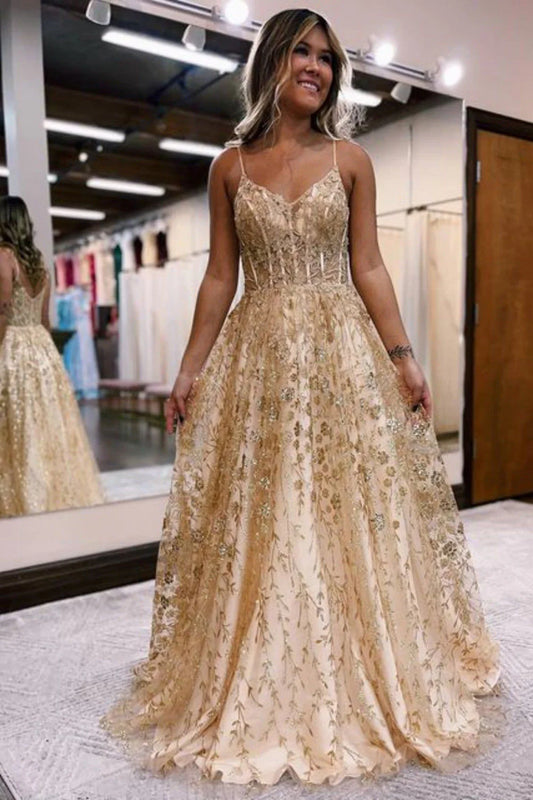 A Line Spaghetti Straps Corset Prom Dress with Appliques