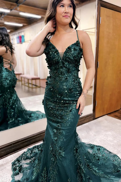 Spaghetti Straps Lace Up Long Prom Dress With Appliques