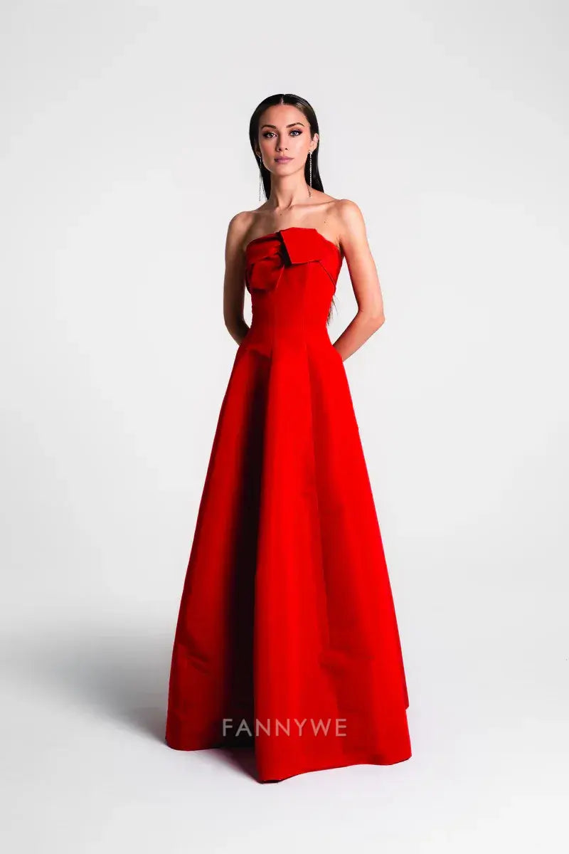 Gorgeous A-Line/Princess Strapless Bow Detail A-Line Satin Floor-Length Maxi Dress Evening Dress