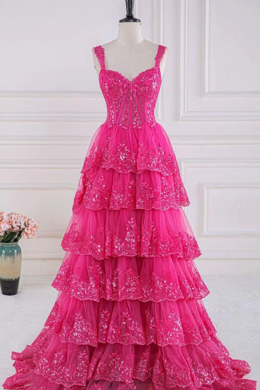 A-Line Off The Shoulder Long Tiered Prom Dress