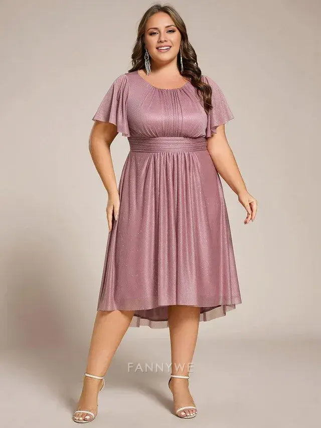 Gorgeous Plus size Glitter Short Sleeves Round Neck Midi Formal Dress Evening dress