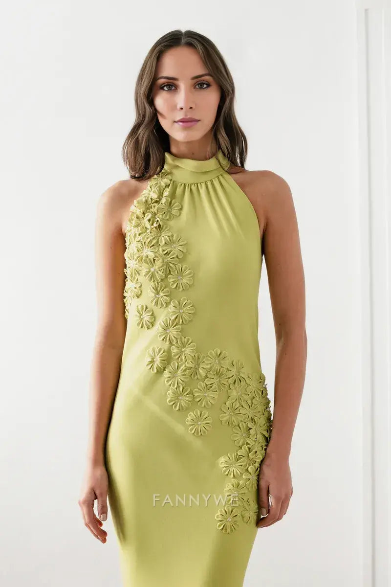 Gorgeous Halter Neck 3D Floral-Embellished Satin Mermaid Maxi Dress Evening Dress