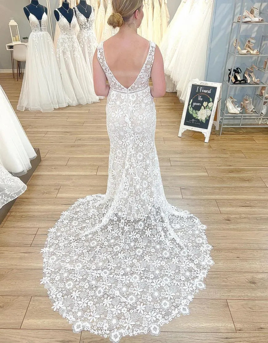 Gorgeous Mermaid Deep V-Neck Court Train Lace Wedding Dress