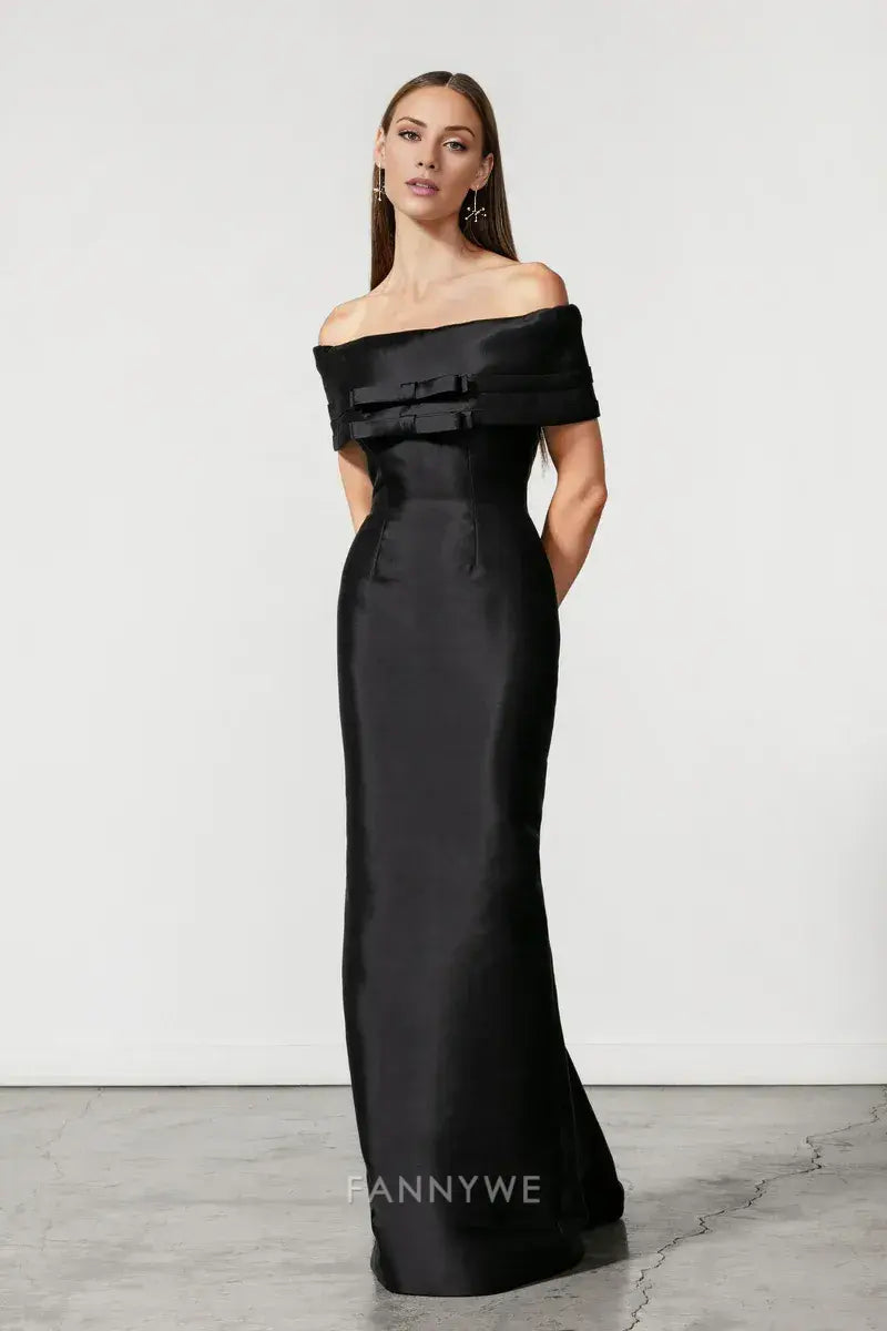 Gorgeous Off-Shoulder Bow-Accented Satin Mermaid Maxi Dress Evening Dress