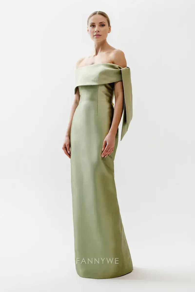 Gorgeous Off-Shoulder Draped Satin Bow-Accented Maxi Dress Evening Dress