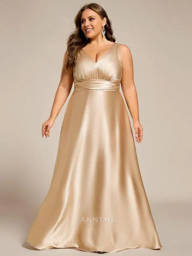 Gorgeous Plus Size A-Line V-neck Empire Waist Satin Maxi with Pockets Evening Dress