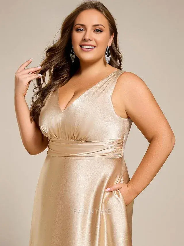 Gorgeous Plus Size A-Line V-neck Empire Waist Satin Maxi with Pockets Evening Dress