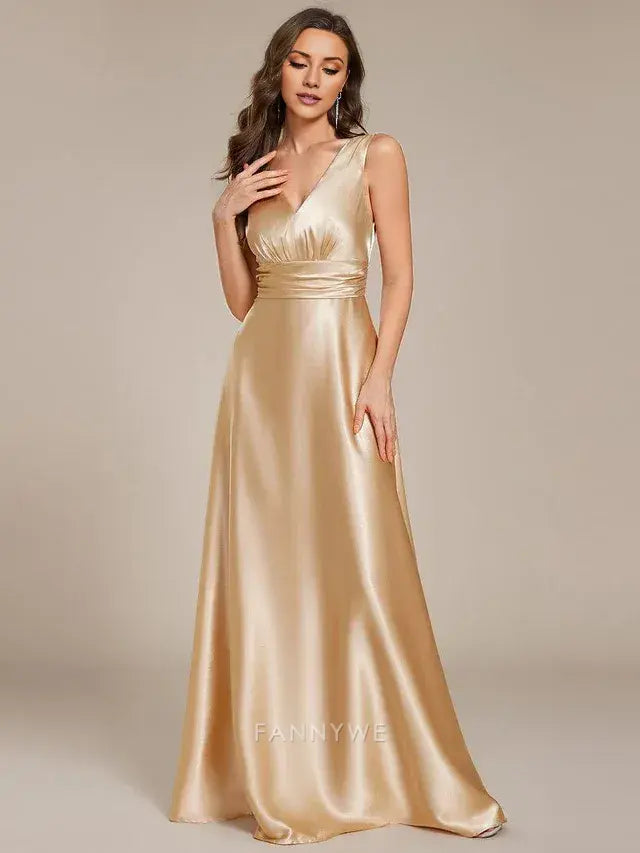 Gorgeous Plus Size A-Line V-neck Empire Waist Satin Maxi with Pockets Evening Dress