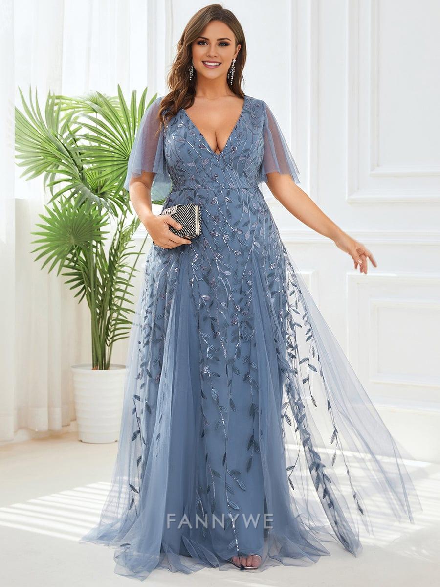 Gorgeous Plus Size Plunge V-Neck Flutter Sleeve Embroidered Tulle Maxi Dress Evening Dress