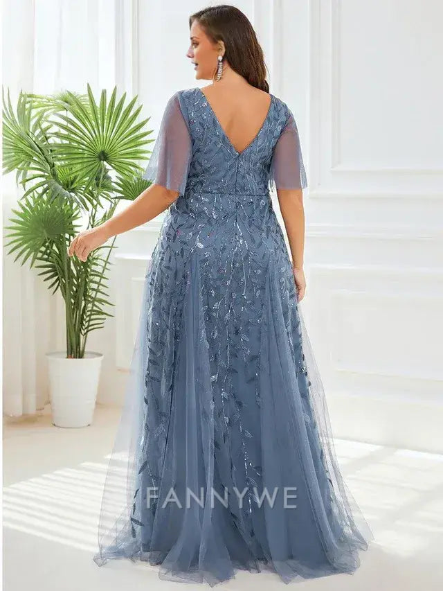 Gorgeous Plus Size Plunge V-Neck Flutter Sleeve Embroidered Tulle Maxi Dress Evening Dress