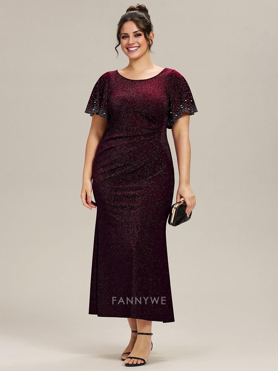 Gorgeous Plus Size Round Neck Flutter Sleeve Sequin Midi Dress Evening Dress