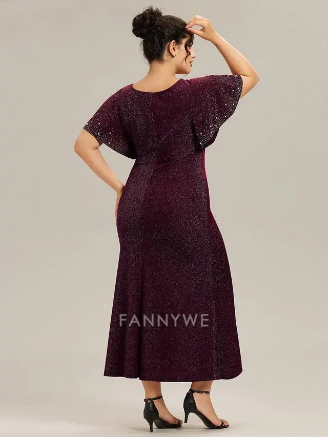 Gorgeous Plus Size Round Neck Flutter Sleeve Sequin Midi Dress Evening Dress