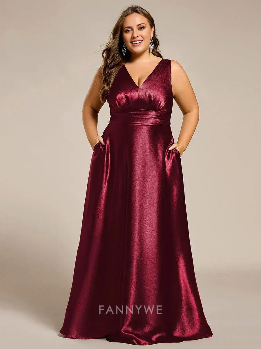 Gorgeous Plus Size Satin Empire Waist Maxi with Pockets Evening Dress