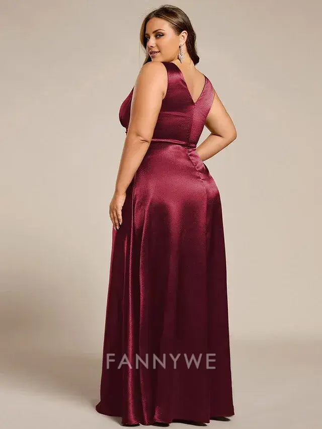 Gorgeous Plus Size Satin Empire Waist Maxi with Pockets Evening Dress