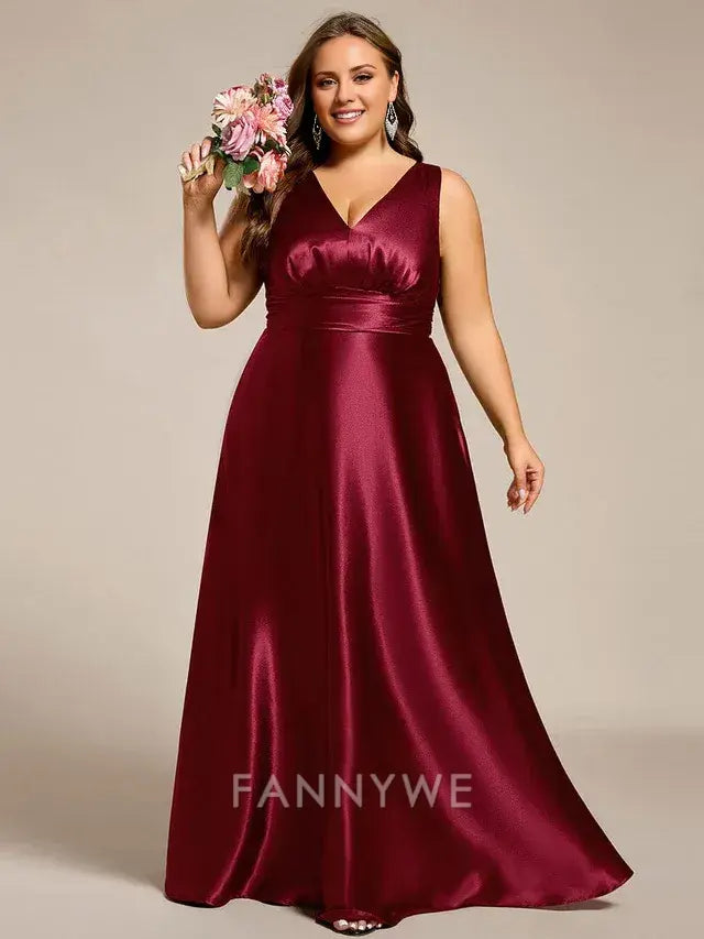 Gorgeous Plus Size Satin Empire Waist Maxi with Pockets Evening Dress