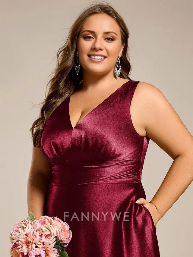 Gorgeous Plus Size Satin Empire Waist Maxi with Pockets Evening Dress