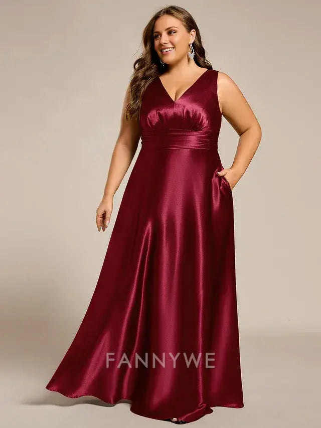 Gorgeous Plus Size Satin Empire Waist Maxi with Pockets Evening Dress