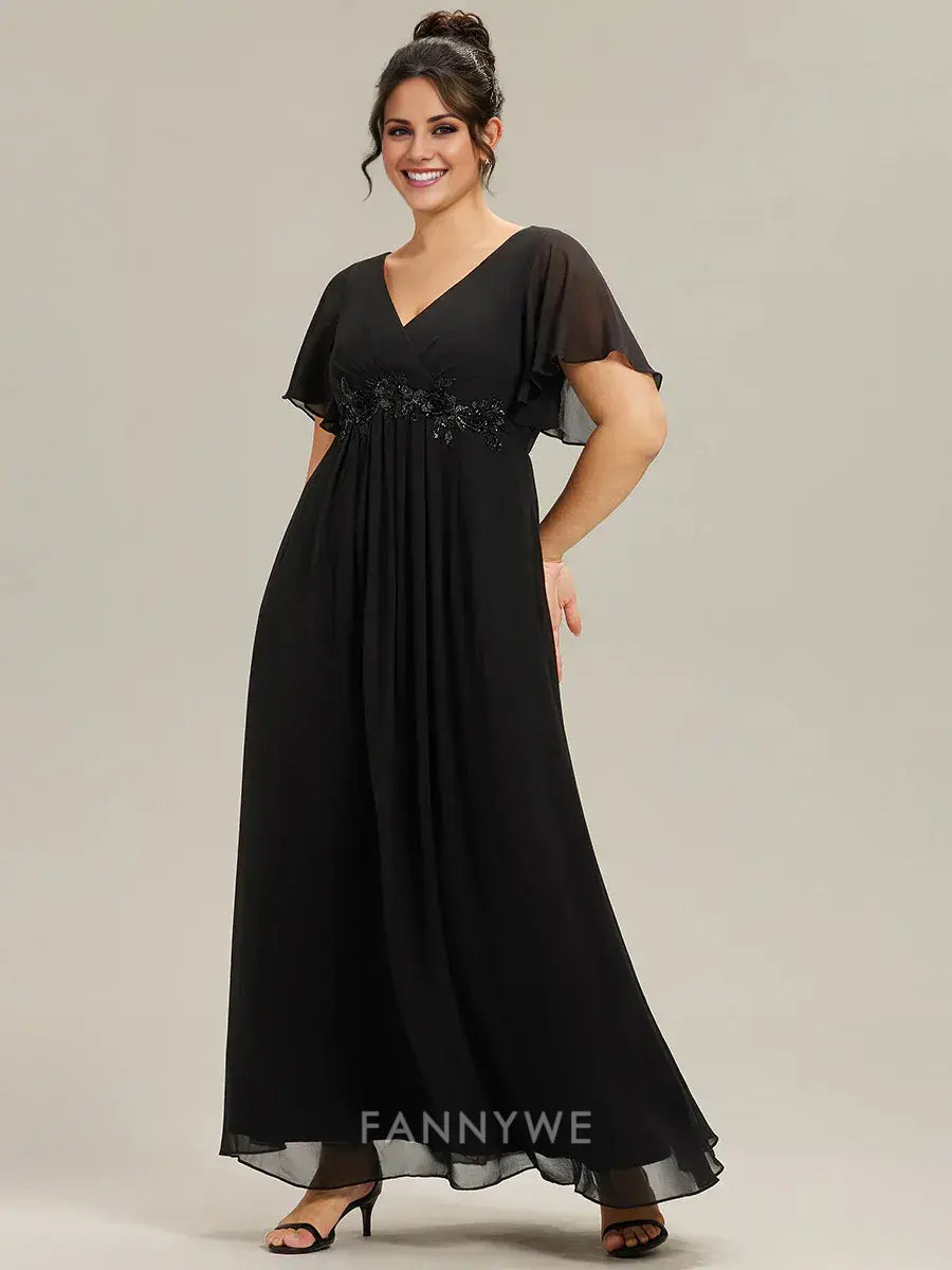 Gorgeous Plus Size V-Neck Flutter Sleeve Embroidered Chiffon Maxi Dress Evening Dress