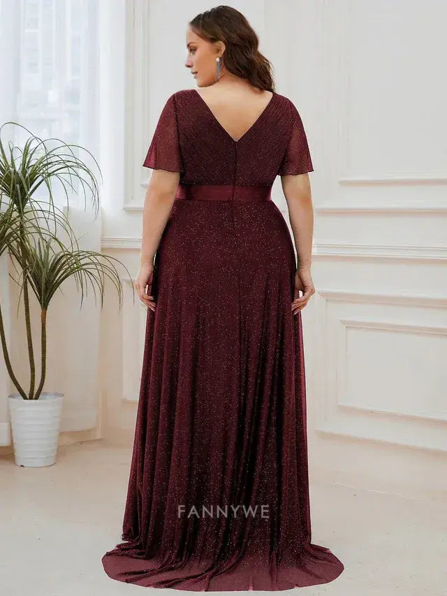 Gorgeous Plus Size V-Neck Flutter Sleeve Glitter Maxi Dress Evening Dress