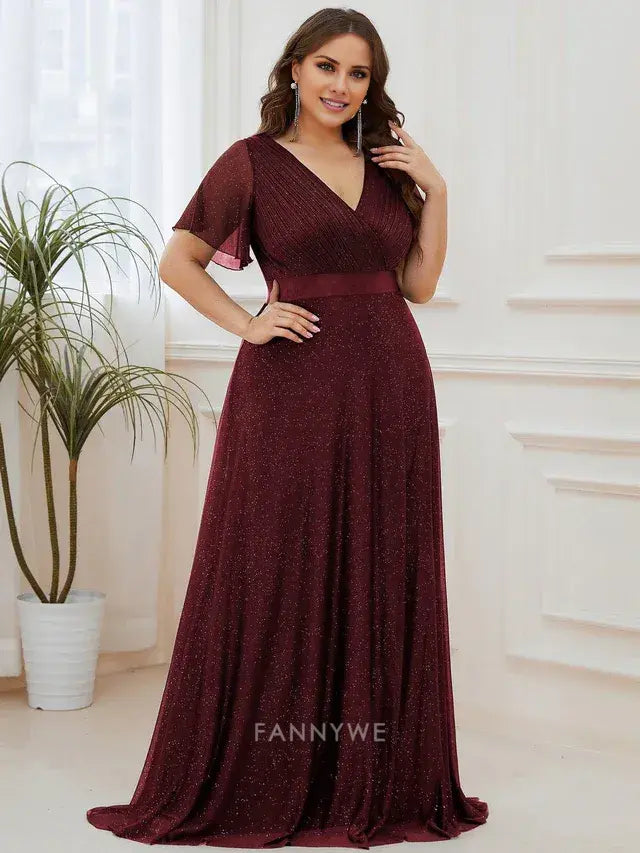 Gorgeous Plus Size V-Neck Flutter Sleeve Glitter Maxi Dress Evening Dress