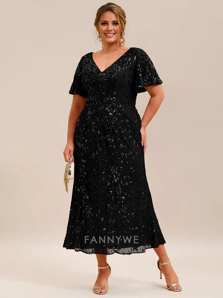 Gorgeous Plus Size V-Neck Flutter Sleeve Sequin Midi Dress Evening Dress