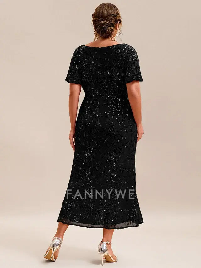Gorgeous Plus Size V-Neck Flutter Sleeve Sequin Midi Dress Evening Dress