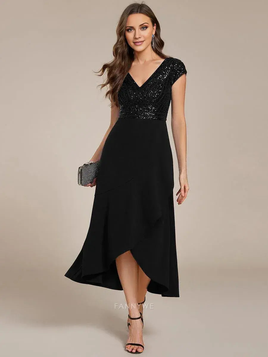Gorgeous Plus size Short Sleeve V-Neck Midi Sequin Formal Dress Evening dress