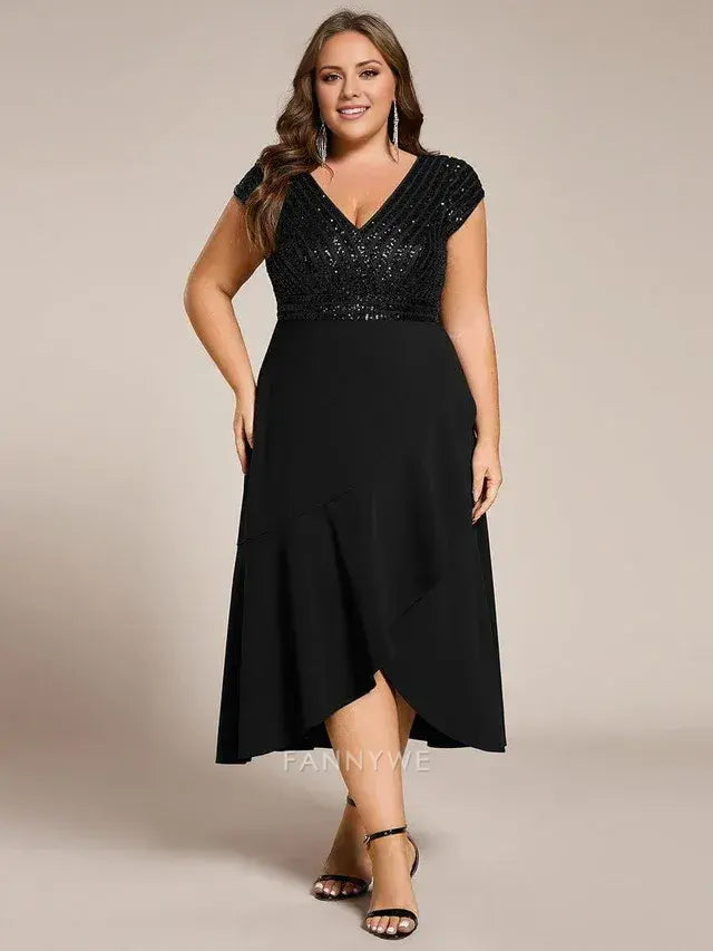 Gorgeous Plus size Short Sleeve V-Neck Midi Sequin Formal Dress Evening dress