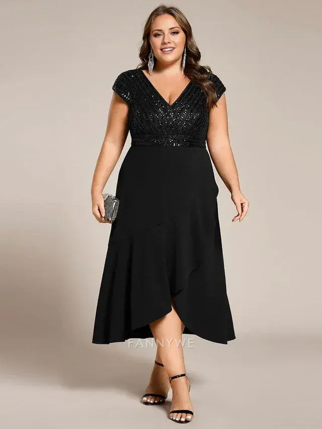 Gorgeous Plus size Short Sleeve V-Neck Midi Sequin Formal Dress Evening dress