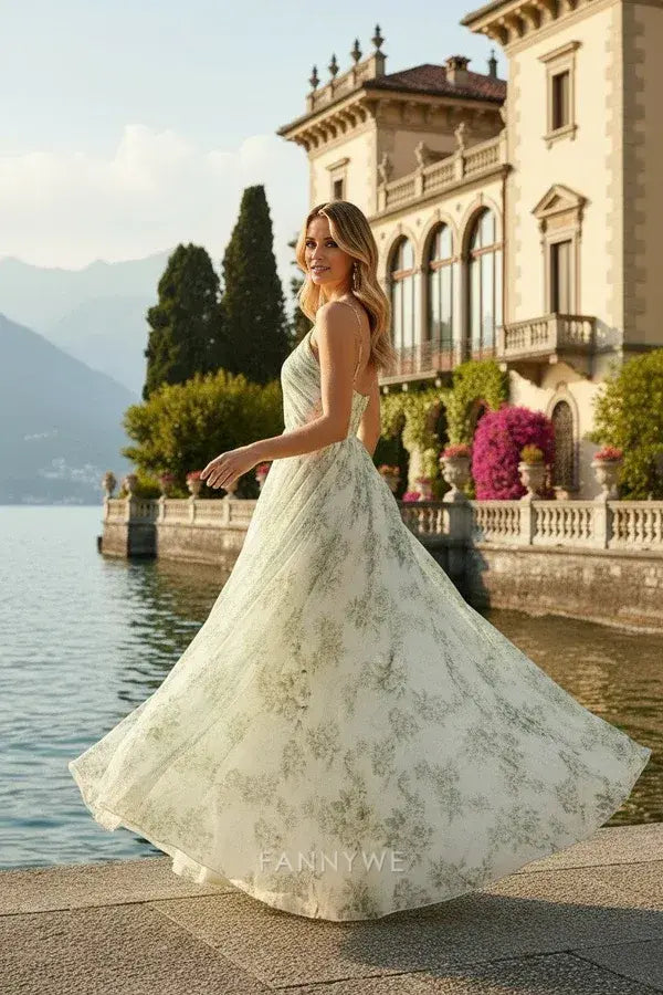 Gorgeous Spaghetti Strap Floral-Print Ruched Chiffon A-Line Maxi Dress Evening Dress