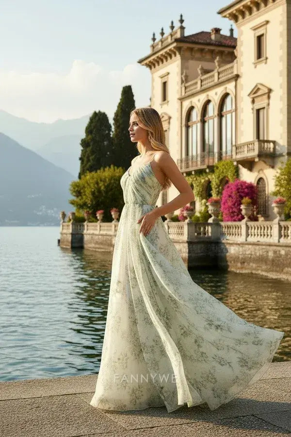 Gorgeous Spaghetti Strap Floral-Print Ruched Chiffon A-Line Maxi Dress Evening Dress