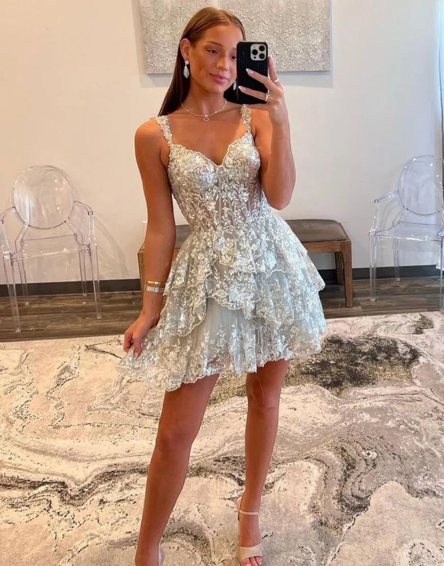 A-Line Glitter Off The Shoulder Tiered Short Homecoming Dresses Party Dress