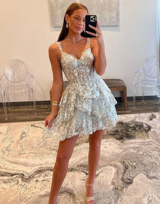 A-Line Glitter Off The Shoulder Tiered Short Homecoming Dresses Party Dress