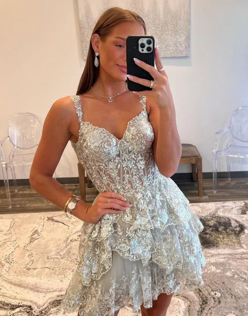 A-Line Glitter Off The Shoulder Tiered Short Homecoming Dresses Party Dress