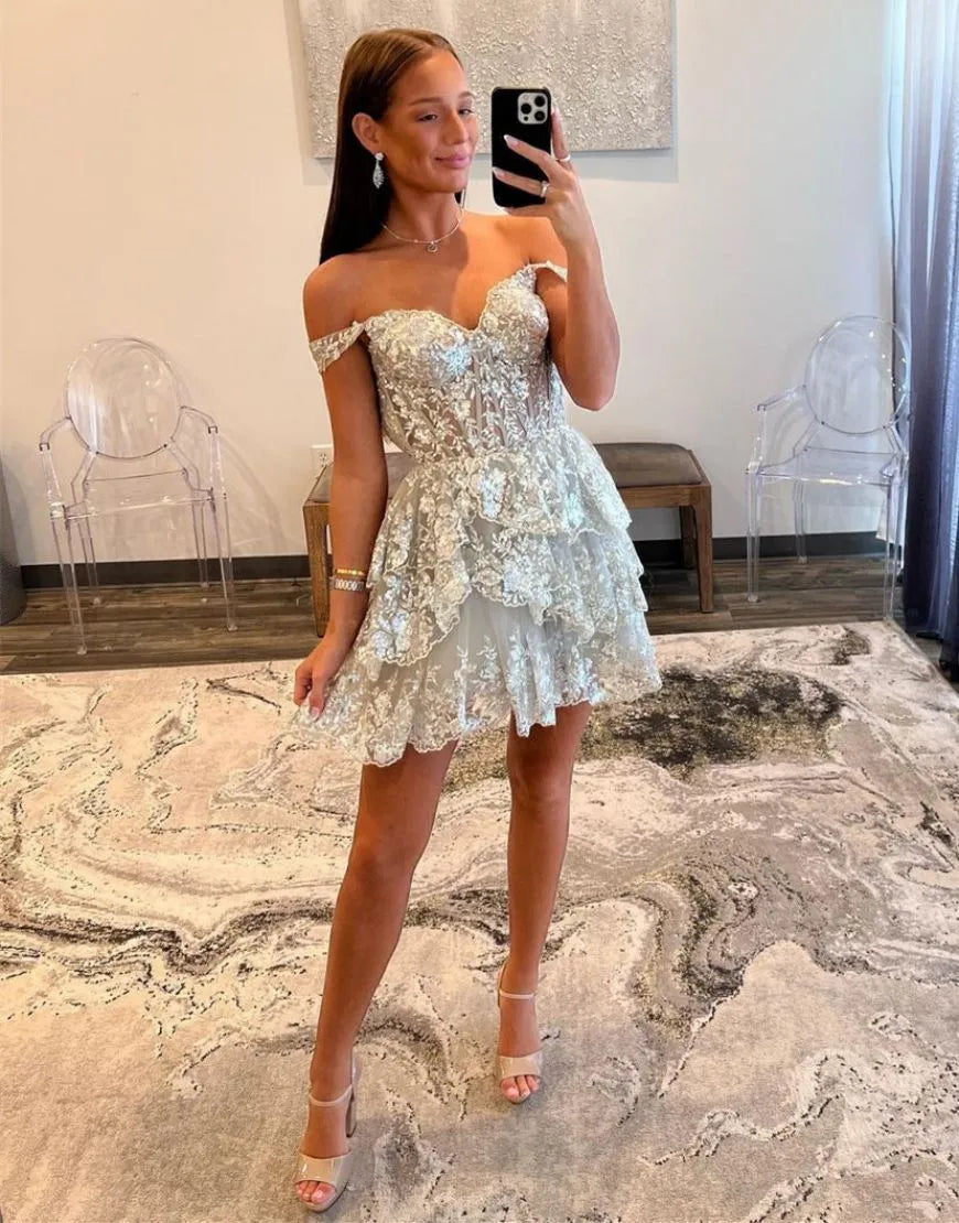 A-Line Glitter Off The Shoulder Tiered Short Homecoming Dresses Party Dress