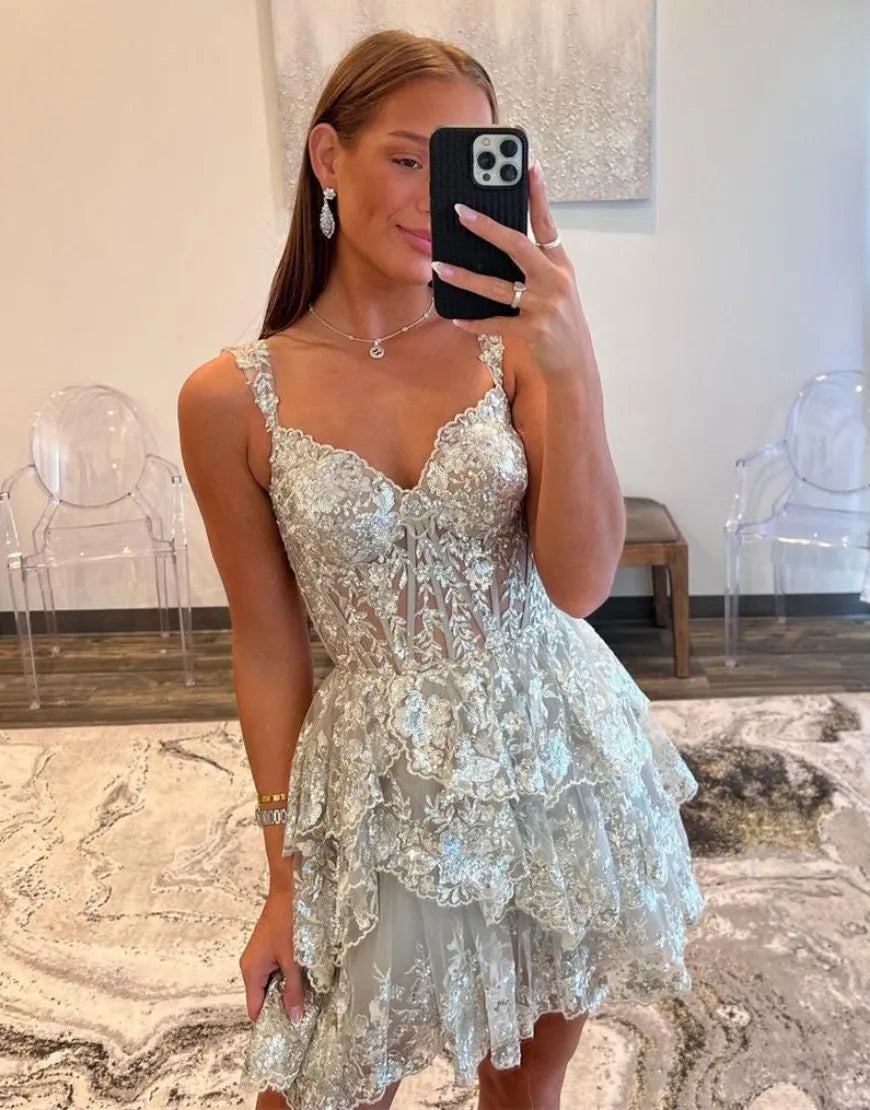 A-Line Glitter Off The Shoulder Tiered Short Homecoming Dresses Party Dress