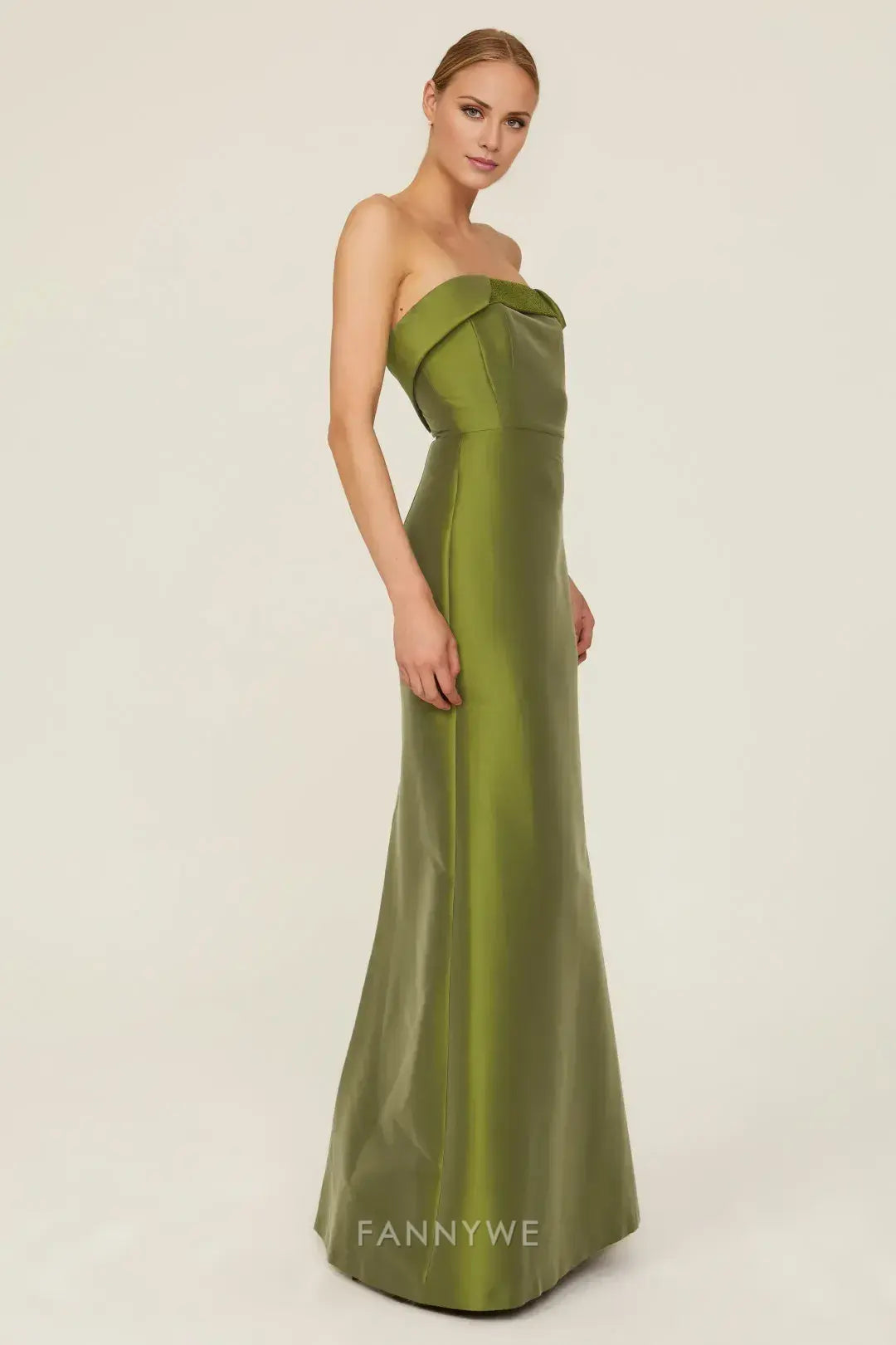 Gorgeous Strapless Draped Back Satin Slit Sheath Maxi Dress Evening Dress