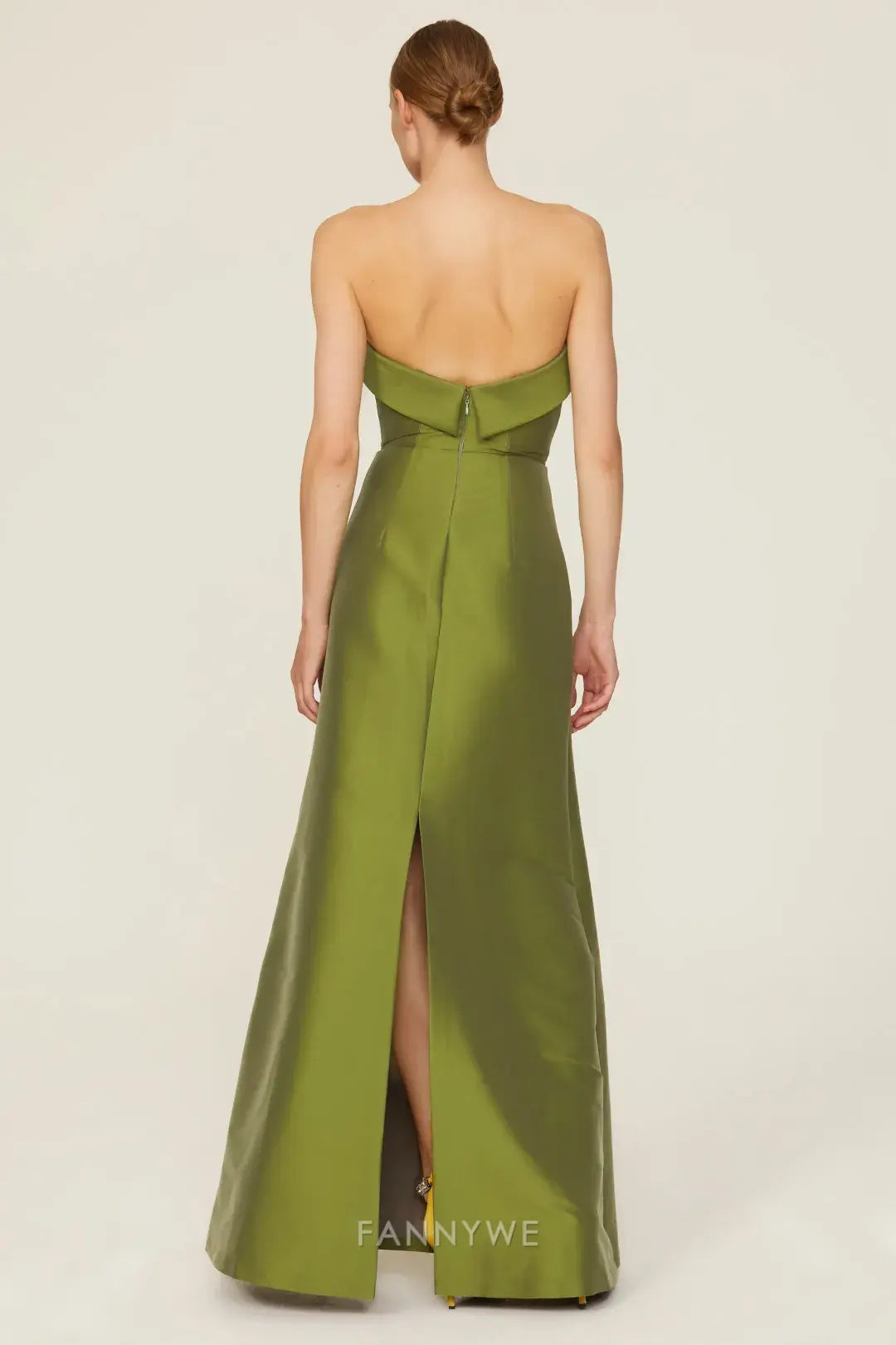 Gorgeous Strapless Draped Back Satin Slit Sheath Maxi Dress Evening Dress