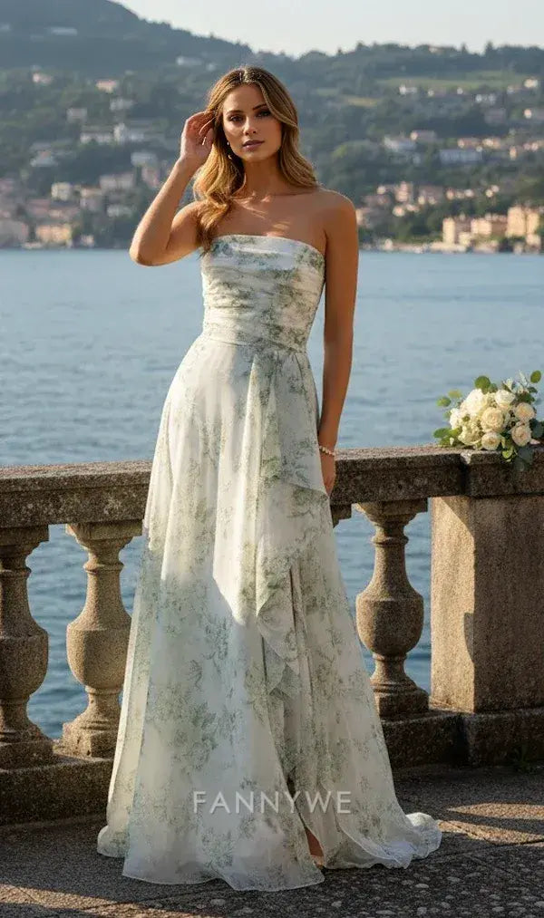 Gorgeous Strapless Floral-Print Ruffled High-Low Chiffon Maxi Dress Evening Dress